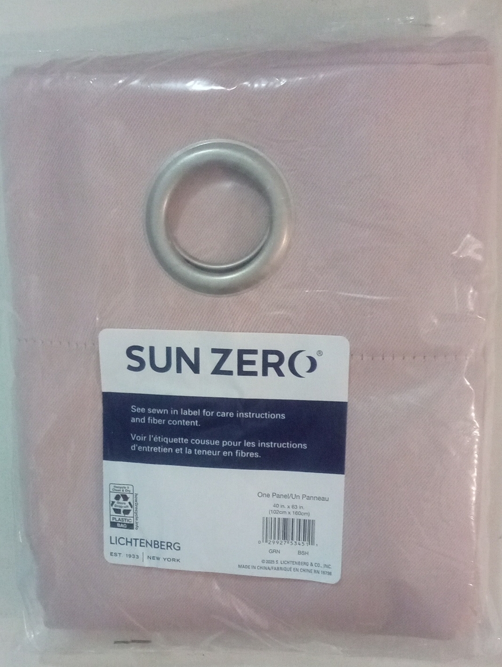 Lichtenberg Sun Zero Pink Grommet Curtain Panel 63" NWT $40